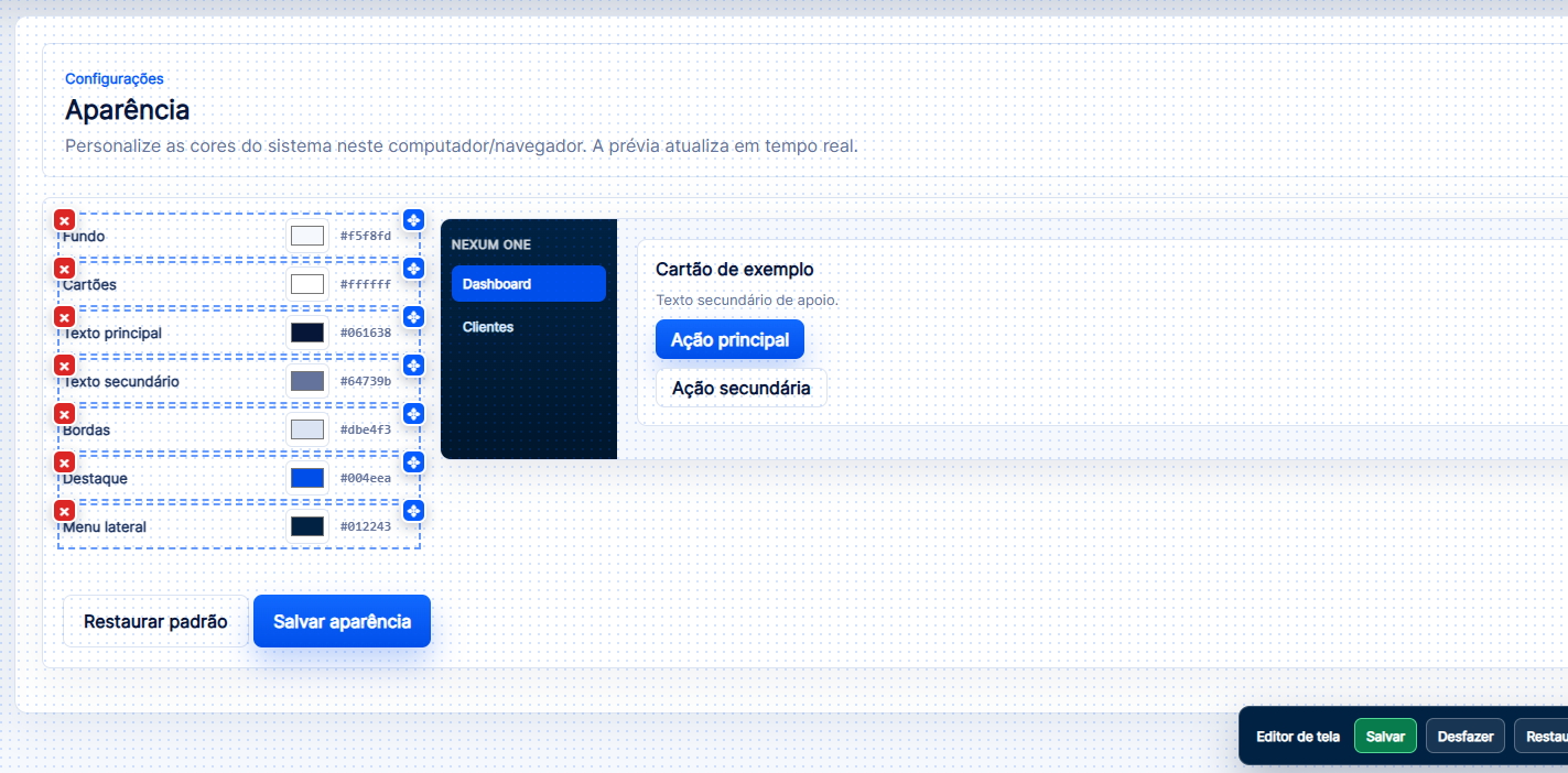 Editor visual do OneNexum com blocos reorganizáveis